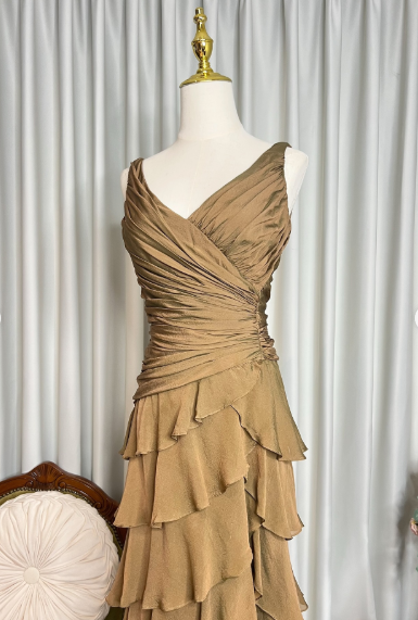 Vintage V Neck Satin Pleated Layered Ruffle Mermaid Prom Gown Formal Birthday Party Dress SP628