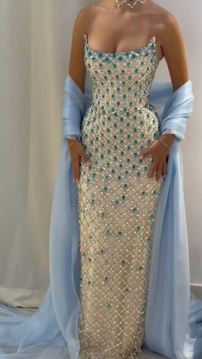 Gorgeous Strapless Blue Sequin Beaded Sheath Long Party Dress Formal Birthday Party Gown SP772