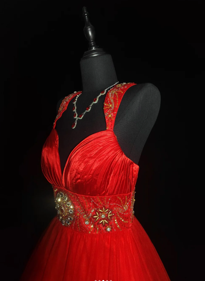 Charming Red Satin Tulle Pleated A Line Long Prom Dress Evening Dress With Beaded SP439