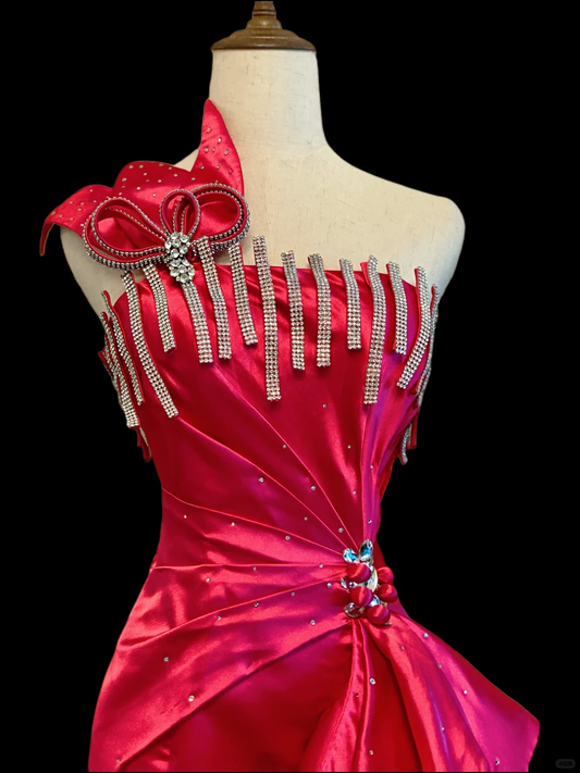 Chic Hot Pink Satin Beaded Mermaid Long Birthday Party Dress One Shoulder Long Prom Dresses SP4082