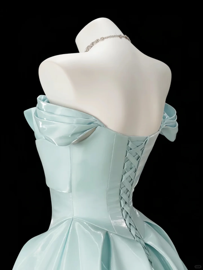 Classy Light Green Satin A Line Long Wedding Guest Dress,Off The Shoulder Party Dress Prom Gown SP2540