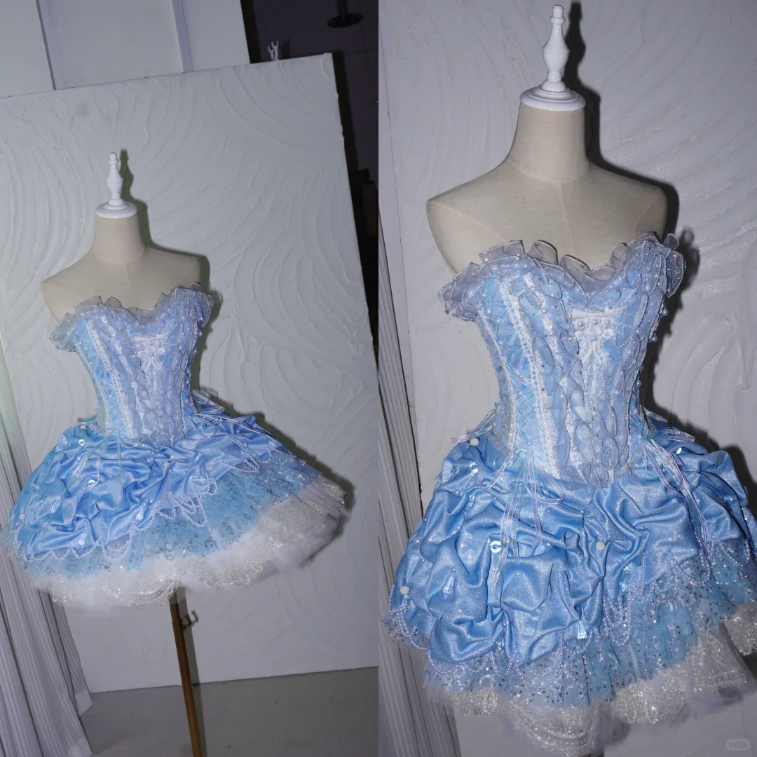 Charming Blue Strapless Satin Lace Sequin A Line Short Homecoming Dress Birthday Dress SP4217