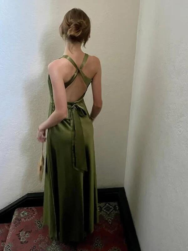 Classy V Neck Olive Green Satin Long Prom Dress Evening Dress SP3761