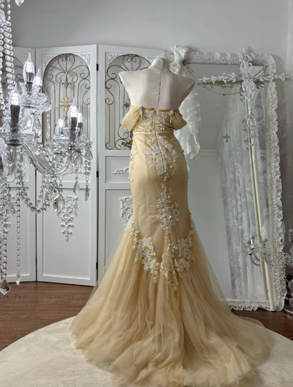 Charming Off The Shoulder Tulle Appliques Beaded Party Dress Yellow Mermaid Long Prom Gown SP1775