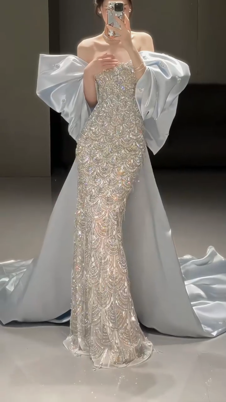 Sparkly Satin Beaded Mermaid Evening Dress,Long Prom Dress With Bow Y8330