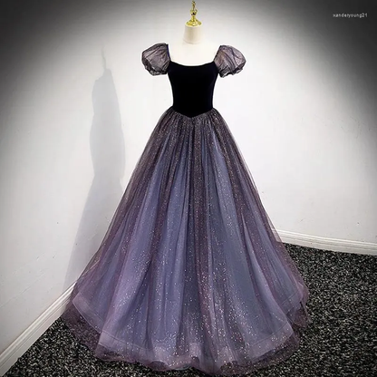 Purple Tulle Short Sleeve Formal Dress, Cute A-Line Evening Dress Y4291