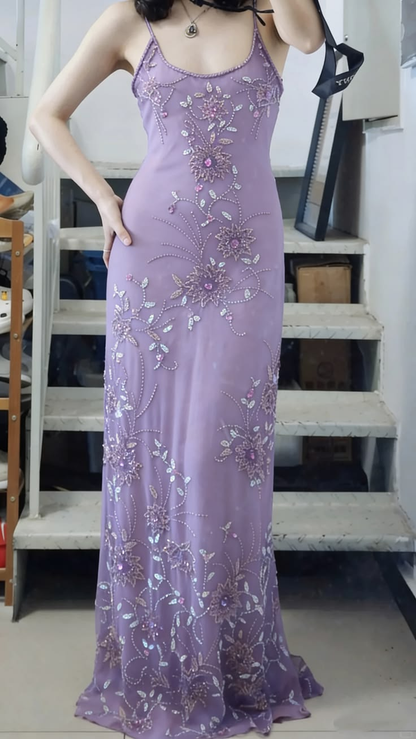 Gorgeous Spaghetti Straps Chiffon Beaded Mermaid Evening Dress Purple Long Birthday Dress SP2109