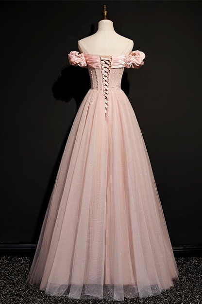 Pink Tulle Beaded Princess Prom Dress Off The Shoulder Ball Gown Evening Dress Y7584