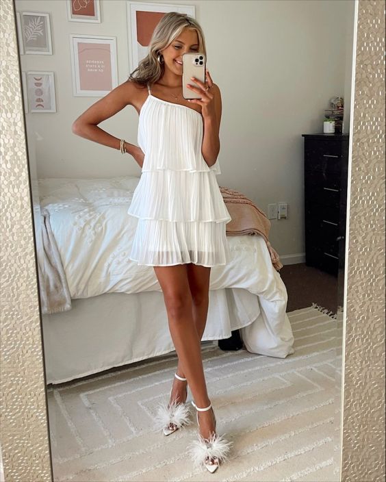 White Pleated One-shoulder Graduation Dress,White Short Homecoming Dress Y1846