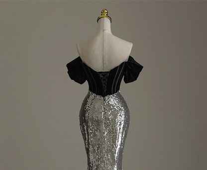 Chic Silver Mermaid Sequins Off the Shoulder Beading Prom Dress Evening Dress Y7613