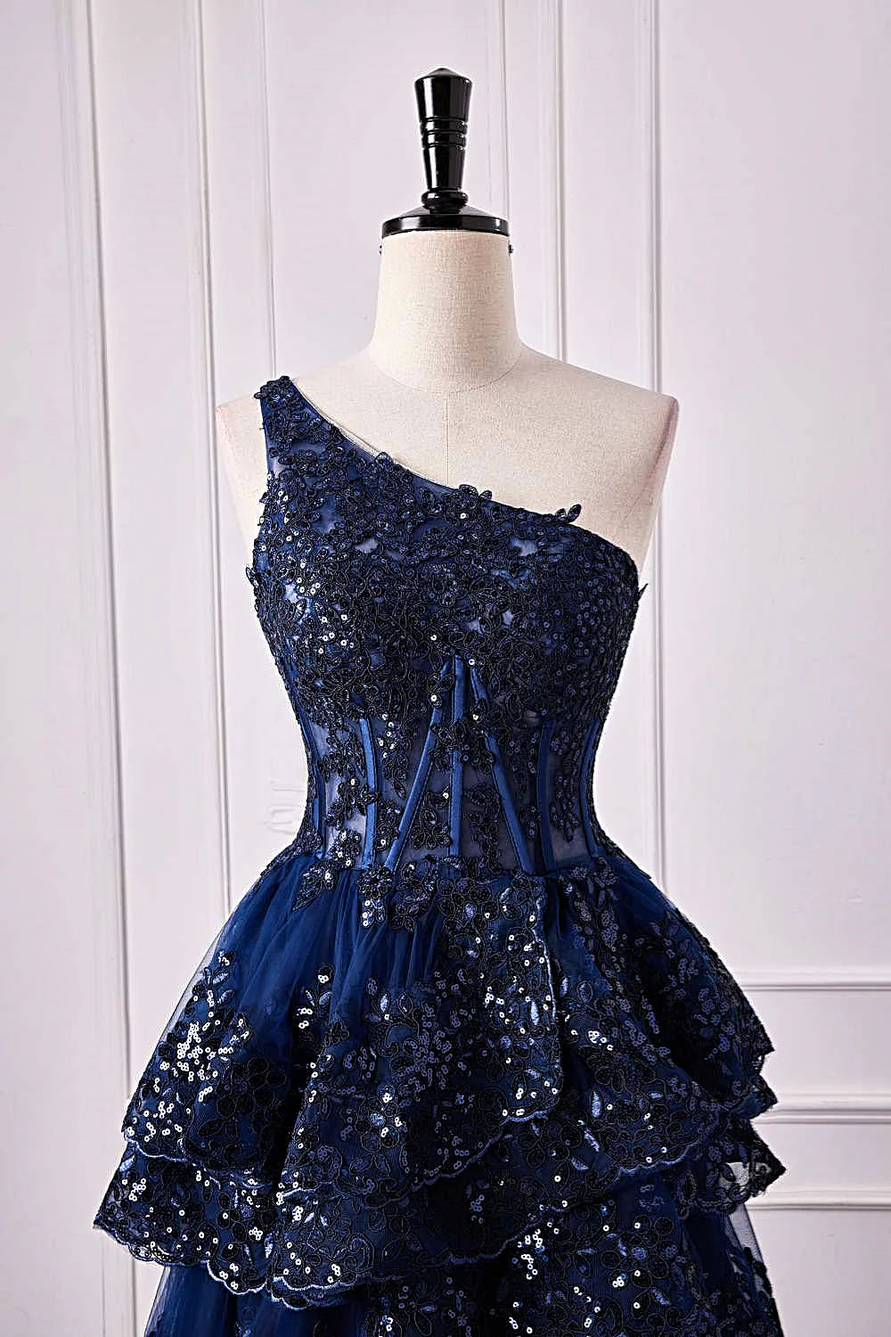 One Shoulder Appliques Ruffle Prom Dress Y6597