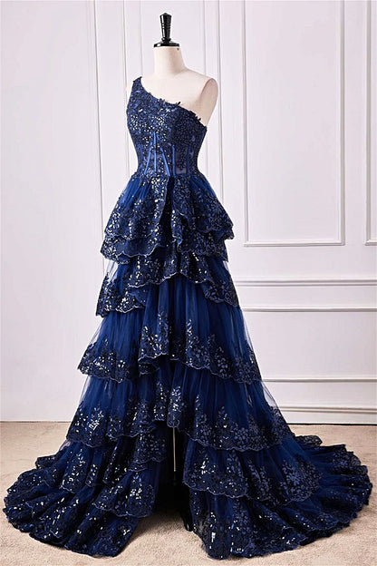 One Shoulder Appliques Ruffle Prom Dress Y6597