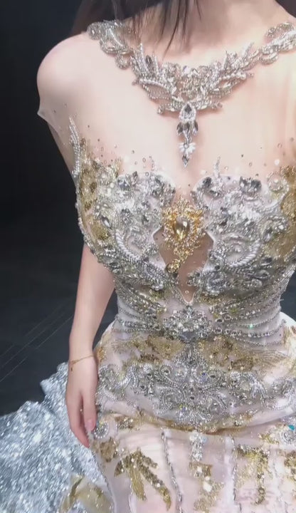 Glitter Tulle Sequin Beaded Mermaid Long Wedding Dress SP4155