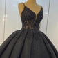 Black lace ball gown dresses for wedding , spaghetti straps prom dress S22981