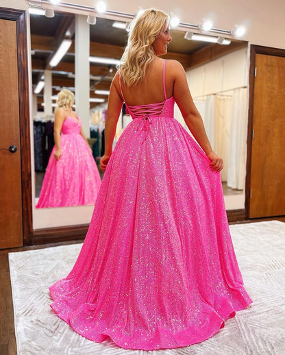 Hot Pink V Neck Sequins Long Prom Dresses Y1489