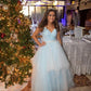 Winter Wonderland Blue Ball Dress A-line V Blue Neck Tulle Evening Dress Y307