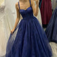 Glitter Blue Tulle Long Prom Dress A-line Evening Gown Y316