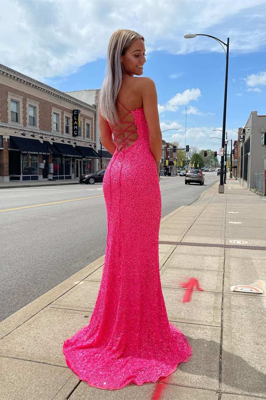 Glitter Straps Hot Pink Sequins Prom Dress with Slit Y1679