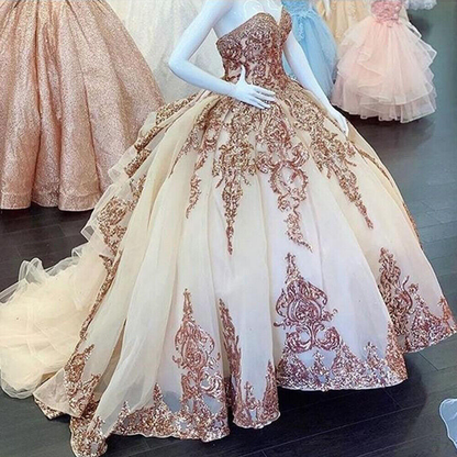 Rose Gold Sweet 16 Quinceanera Dresses Sequins Appliques Sweetheart Ball Gowns Y401