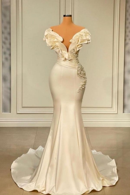 Generous White Long Pearl Ruffle Wedding Dresses Y1747