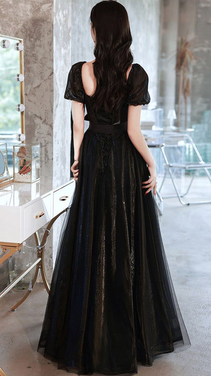 Black Tulle Long Prom Dress A line Evening Dress Y1138