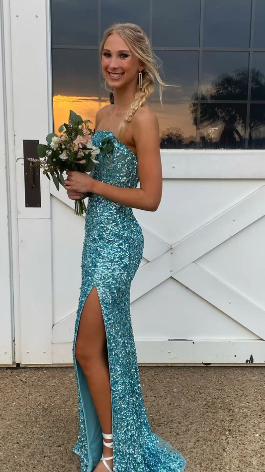 Mermaid Sequins Long Prom Dress Strapless Formal Gown Side Slit Y267