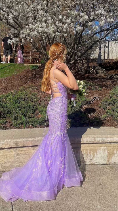 Lavender Spaghetti Straps Mermaid Lace Prom Dress Applique Tulle Long Evening Gown Y1514