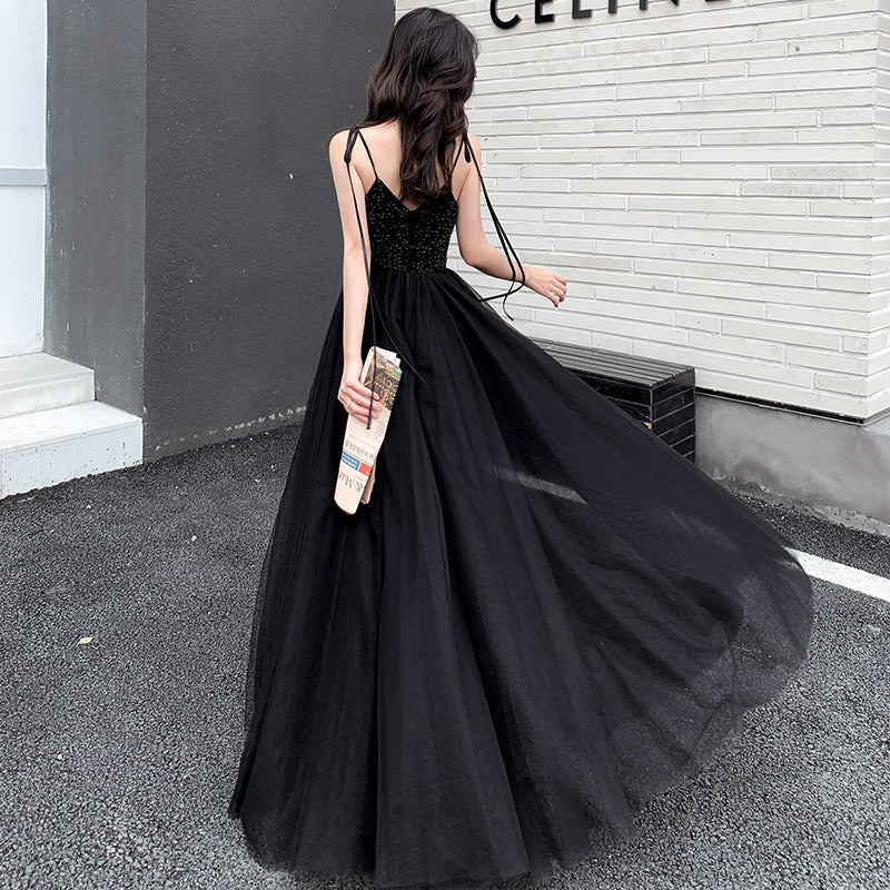 Black tulle beads long prom dress, black evening dress Y1134