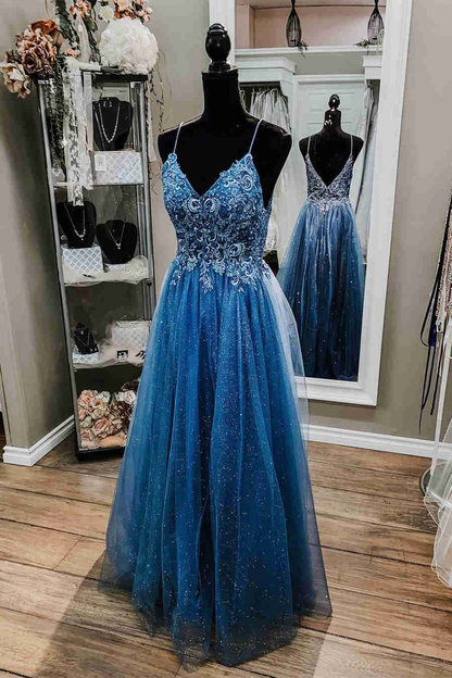 Glitter Straps Beaded Blue Formal Prom Dress Chic Evening Dress Y1811