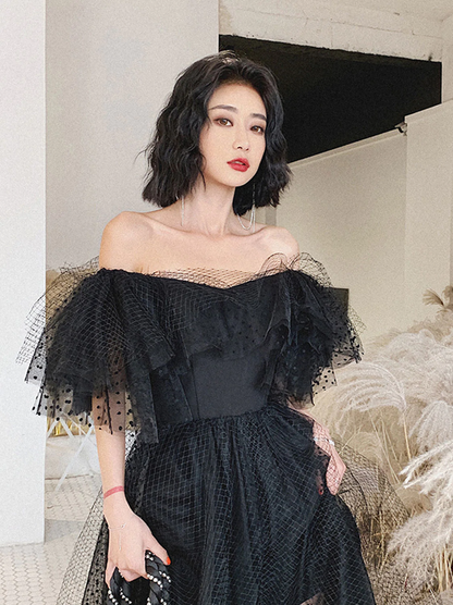 Black Tulle Long Prom Dress, Formal Dress Black Graduation Dresses Y513