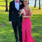 Glitter Hot Pink Mermaid Long Prom Dress With Slit Hot Pink One Shoulder Formal Gown Y118