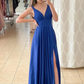A Line V Neck Royal Blue Satin Long Prom Dress with High Slit, V Neck Royal Blue Formal Graduation Dress Y206