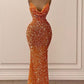 Orange V-Neck Mermaid Spaghetti-Straps Long Prom Dress With Sequins Y59