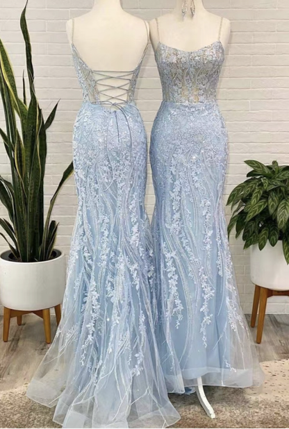 Elegant Sky Blue Prom Dresses with Appliques Lace Y1716