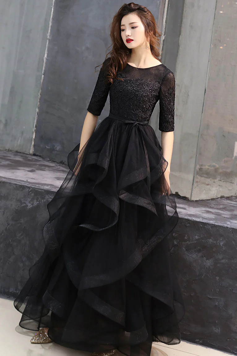Black round neck tulle lace long prom dress, black formal dress Y255