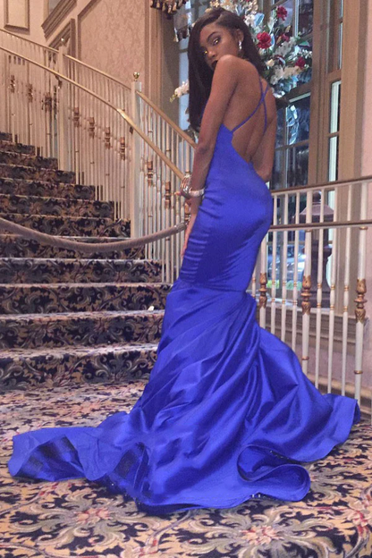 Charming Satin Mermaid Royal Blue V Neck Backless Criss Cross Prom Dresses Y1267