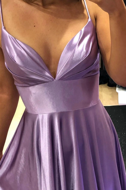 Purple V-Neck Satin Long Prom Dress, Simple A-Line Evening Dress Y927
