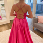 Simple Backless Fuchsia Satin Long Prom Dress with High Slit, Backless Fuchsia Formal Graduation Dress with Pocket Y213