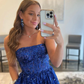 Blue A line tulle sequin long prom dress, blue tulle evening dress Y359