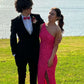 Glitter Hot Pink Mermaid Long Prom Dress With Slit Hot Pink One Shoulder Formal Gown Y118