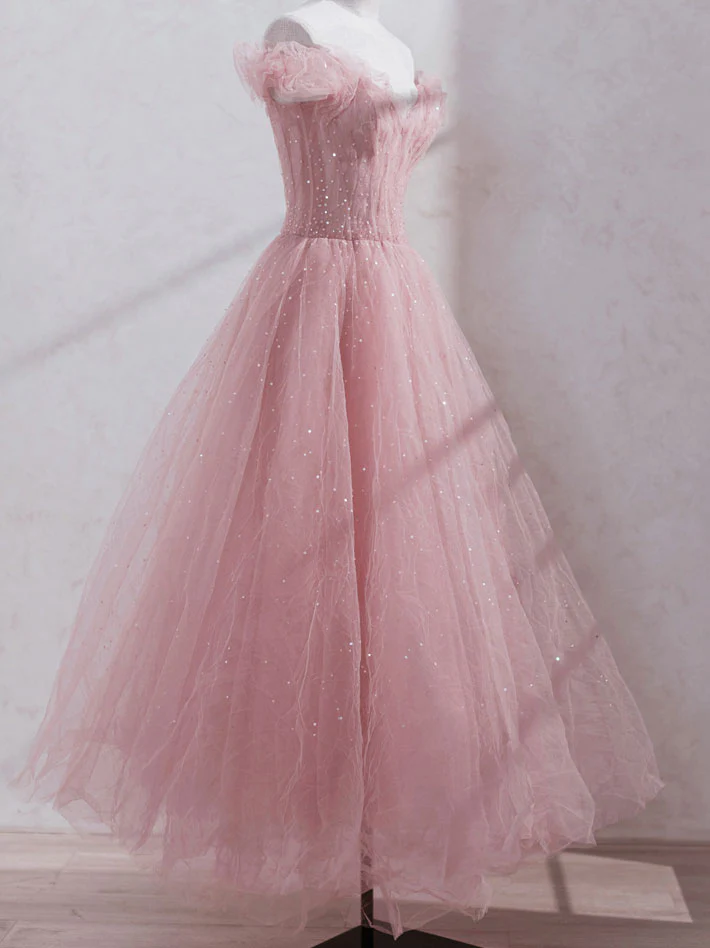 Pink Off Shoulder Tulle Tea Length Prom Dress, Tulle Formal Dress Y1281
