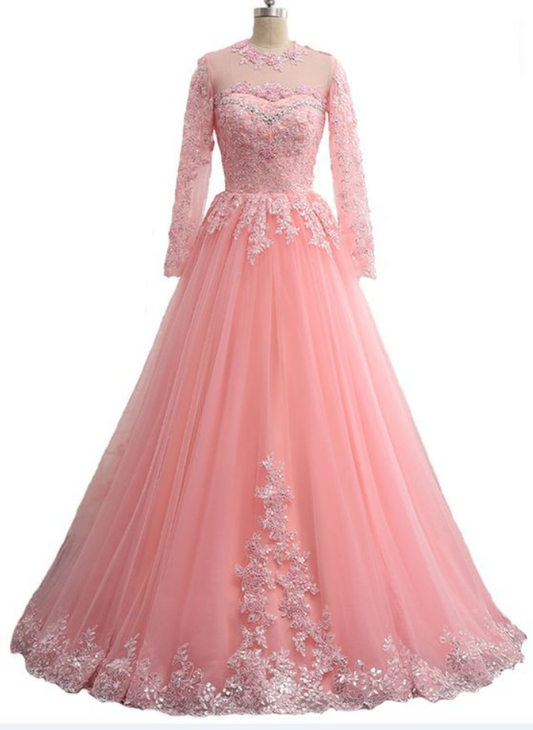 Lavender Tulle Long Sleeve Beaded Formal Prom Dress With Lace Applique Y890