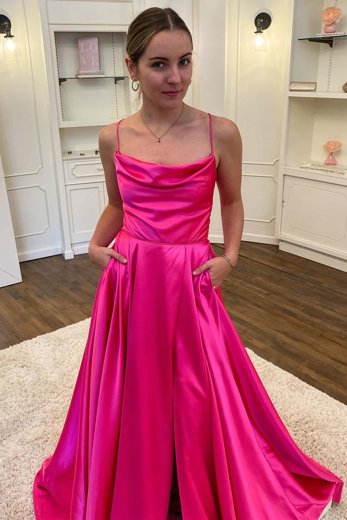 Simple Backless Fuchsia Satin Long Prom Dress with High Slit, Backless Fuchsia Formal Graduation Dress with Pocket Y213
