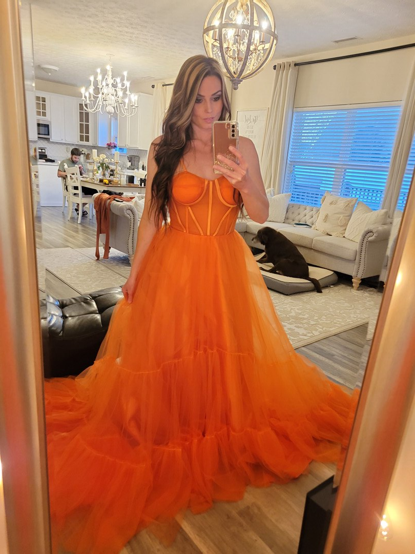 Spaghetti Straps Orange Tulle Evening Dress,Sexy Prom Gown Y1243