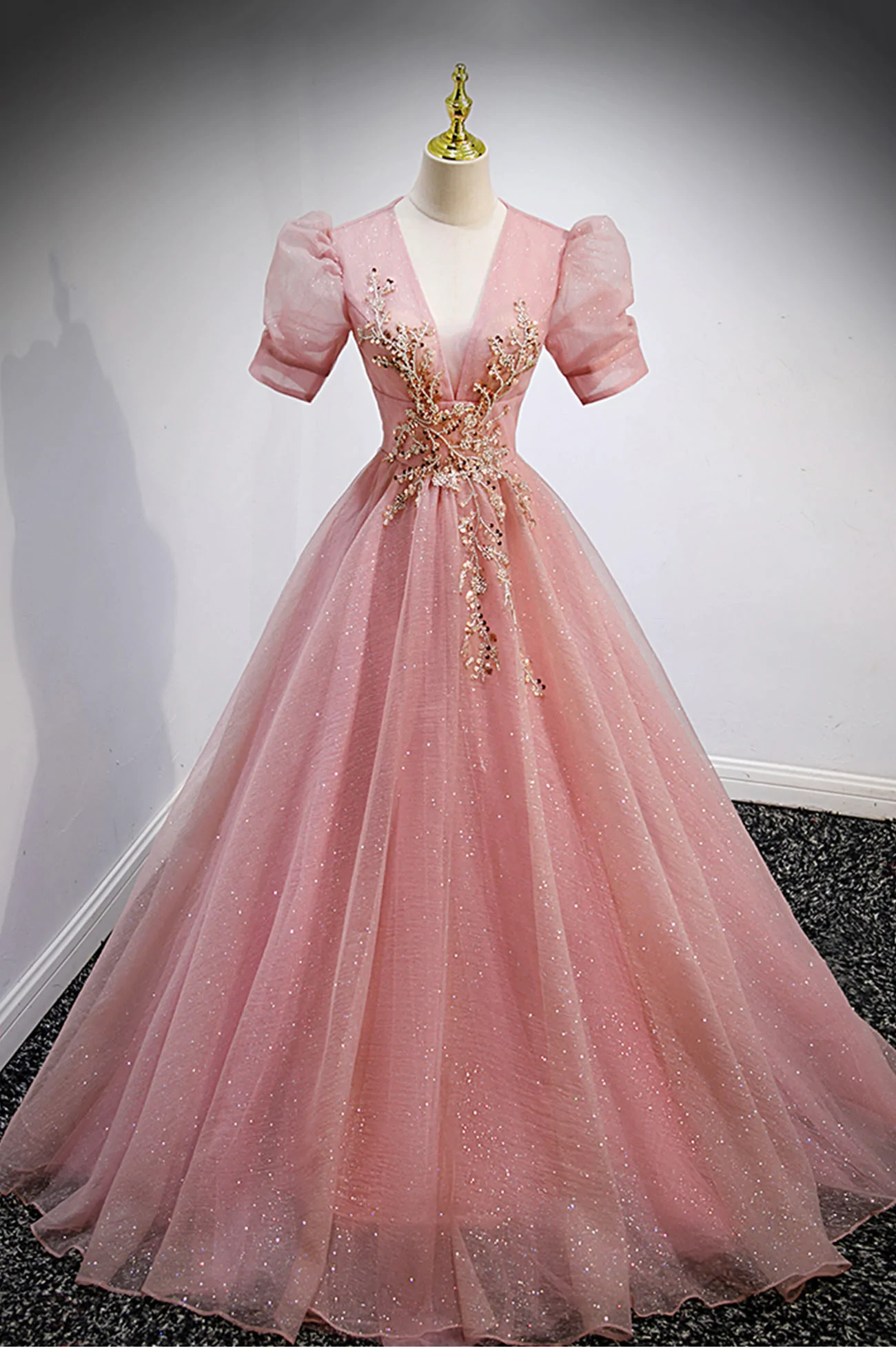 Pink V-Neck Tulle Long Prom Dresses, A-Line Short Sleeve Evening Dresses Y892