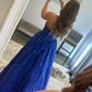 Blue A line tulle sequin long prom dress, blue tulle evening dress Y359