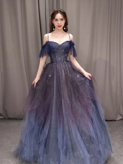 Dark starry sky purple tulle long prom dress A-line evening dress Y924