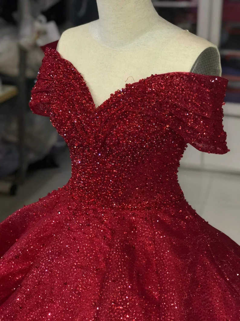 Luxurious Off Shoulder Red Glitter Beading Ball Gown Sweet 16 Dress Y1275