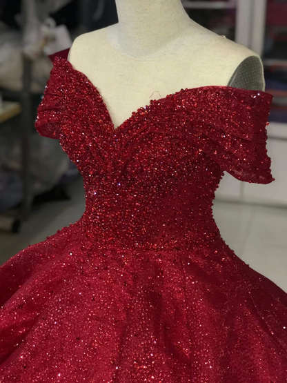 Luxurious Off Shoulder Red Glitter Beading Ball Gown Sweet 16 Dress Y1275