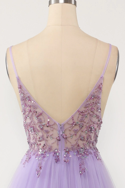 Sexy Purple V Neck Beaded Tulle Long Prom Dress,Graduation Dress Y1348